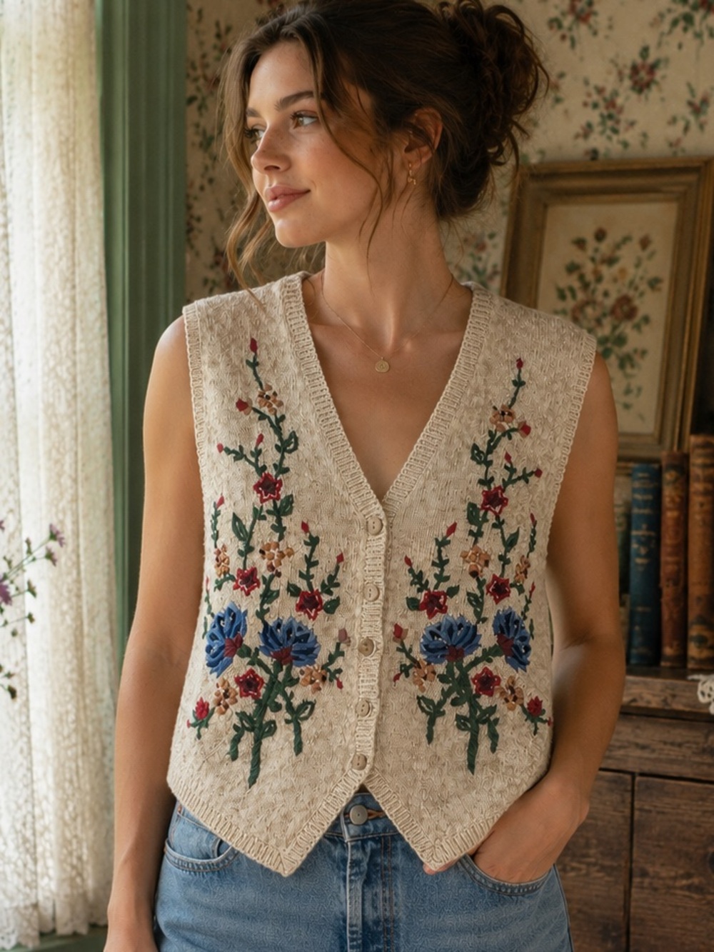 Vintage I.C. Isaacs Ramie Cotton Embroidered Floral Sweater Vest Small